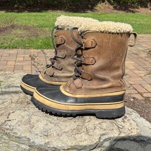 Sorrel Men’s Brown and Brown Jacket Black Winter Boots with Fur Lining size 9